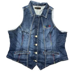 Coogi Couture woman's  Blue Denim Vest Rhinestone Logo Multi Color Stitching XL